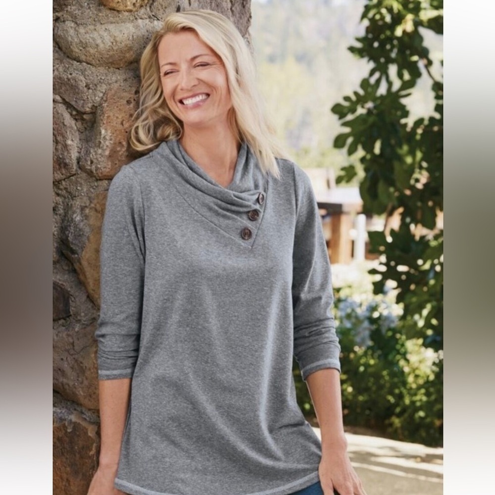 Soft Surroundings Long Sleeve Brinley Cowl Neck Gray Top NWOT Size S